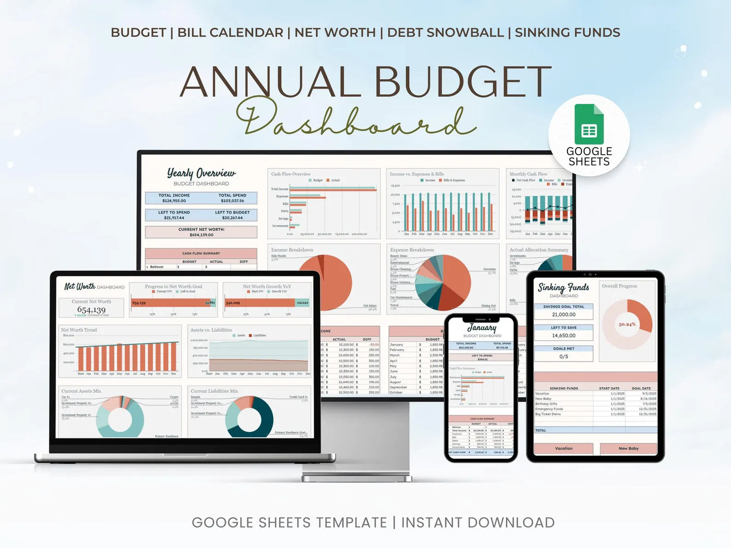 Complete Finance Dashboard and Annual Budget System for Google Sheets